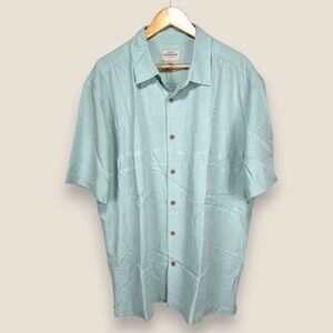 Quiksilver Waterman Short Sleeve Button Camp Shirt‎ Men XL Green Blue Palm Trees